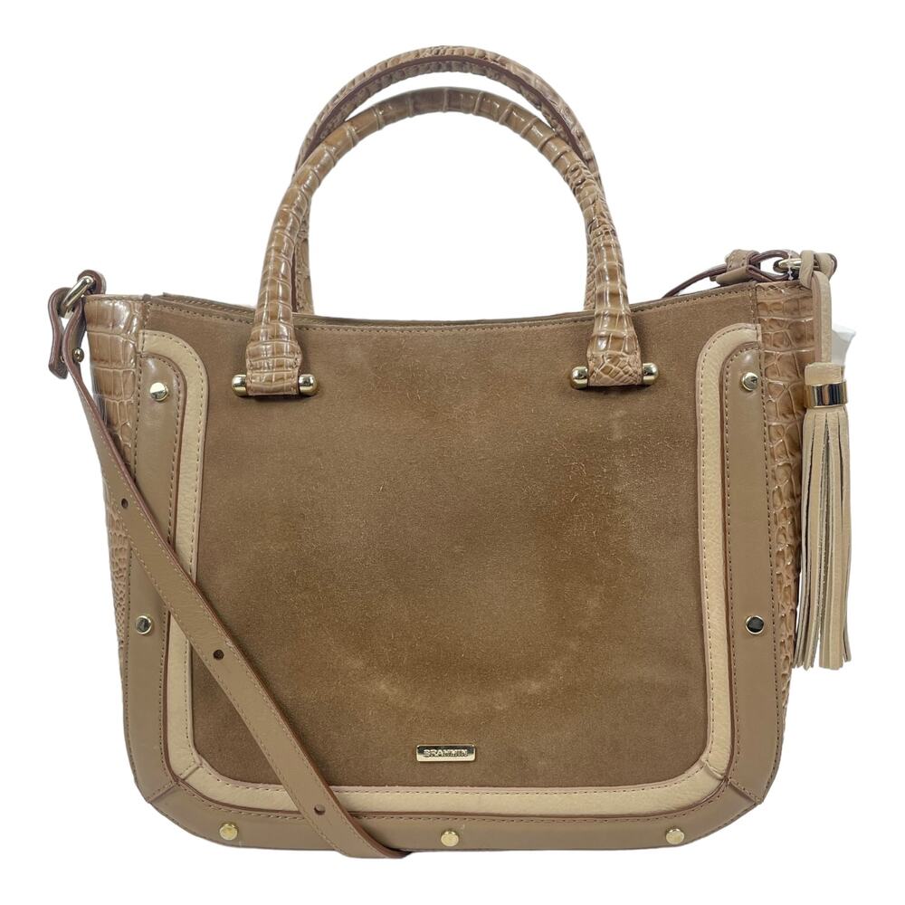 Brahmin Small Lena Satchel Bag Travertine Brevik Croc Embossed Suede Tan